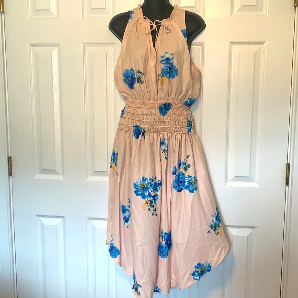 Peach Satin Floral Ruched Waist Dress